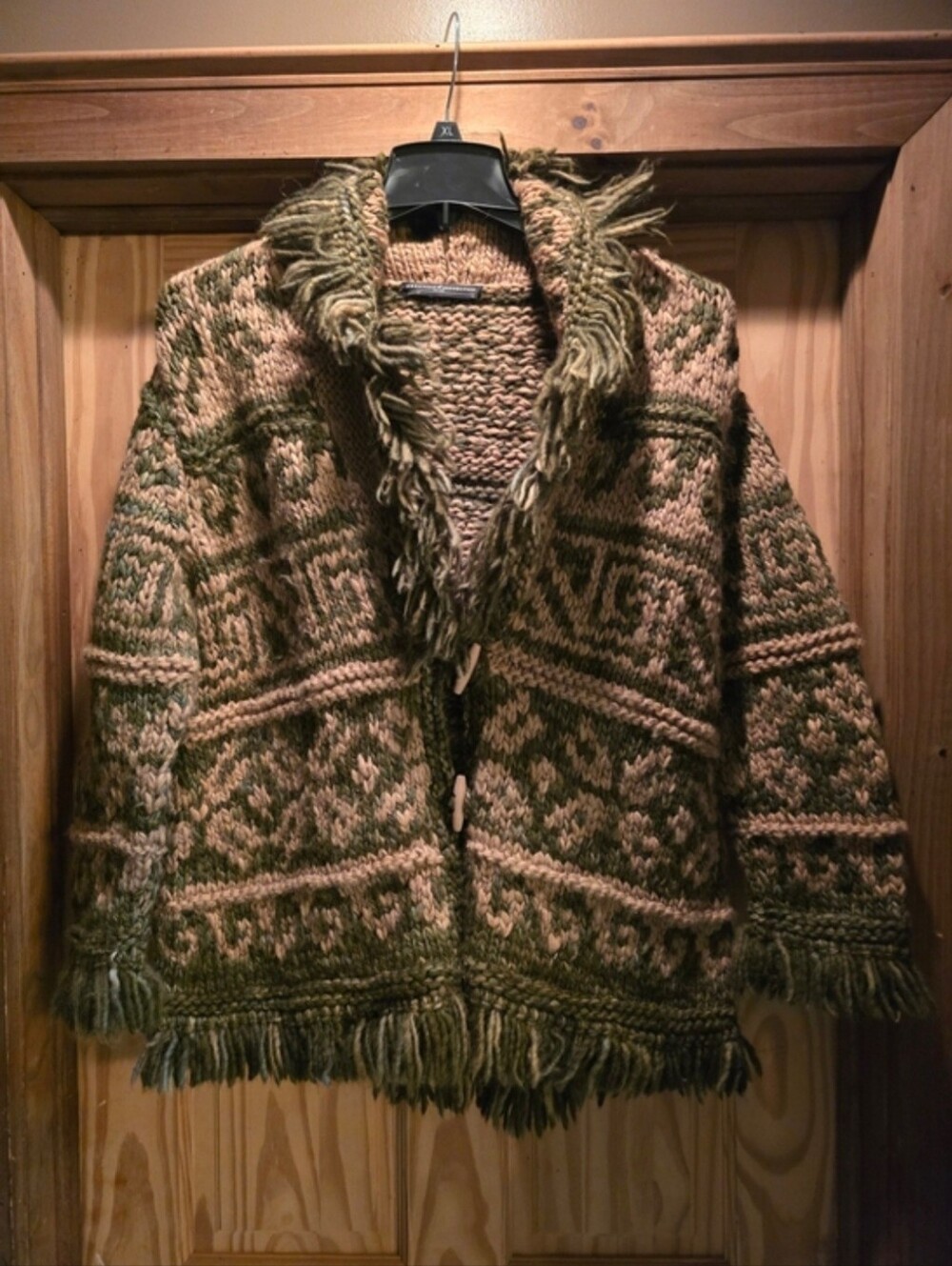 Peruvian Connection Chunky Tan & Olive 100% Wool Knit Cardigan Large
